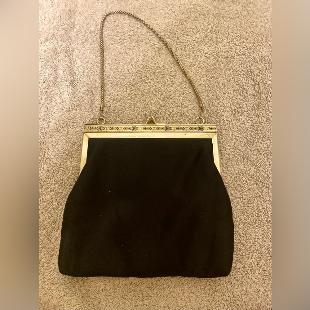 Vintage Elegant Black Evening Clutch  Bag with Gold Accents